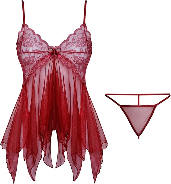 Womens Lace Lingerie Babydoll Sexy Naughty Chemise Floral Embroidery Exotic Nightgowns Bridal Nightdress with Thongs