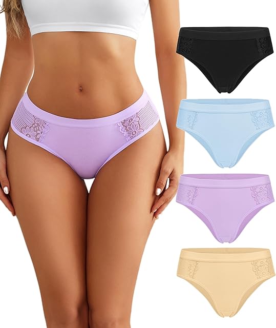 Women Cotton Underwear Lace Hipster Brief Panties Ladies Stretch Underpants Multipack