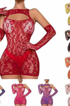 Women Sexy Lingerie Fishnet Mini Dress Mesh Cut Out Babydoll Fishnet Bodysuit See Through Chemise Nightdress with Gloves