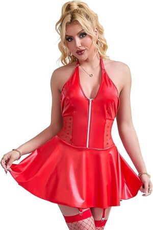 Women Sexy Lingerie PU Leather Dress Hanging Neck Garter Dresses Plus Size Clubwear Pleated Steampunk