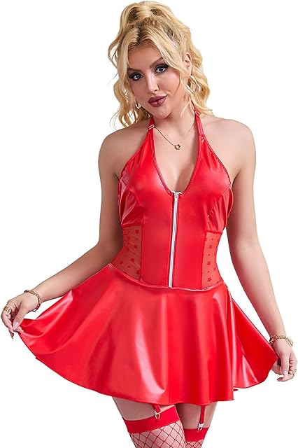Women Sexy Lingerie PU Leather Dress Hanging Neck Garter Dresses Plus Size Clubwear Pleated Steampunk