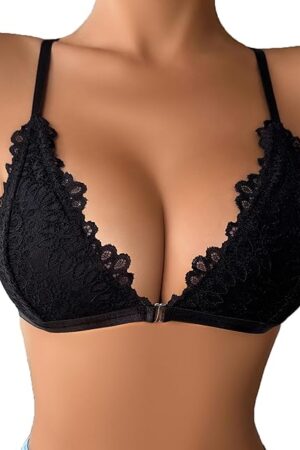 Womens Lace Halter Bra No Underwire Unlined V Neck Comfortable Front Closure Triangle Bralettes