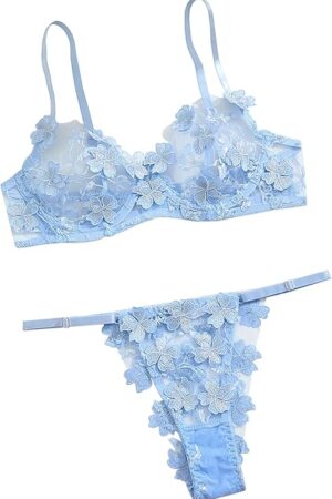 Women Bra and Panty Sets Sexy Two Piece Underwire 3D Floral Embroidered Flower Mesh Underwire Push Up Lingerie Set