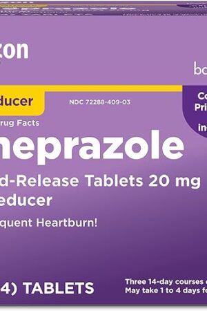 Amazon Basic Care Omeprazole Delayed Release Tablets 20 mg, Treats Frequent Heartburn, Acid Reducer, Heartburn Medicine, 42 Count (Pack of 1) (Packaging may vary)