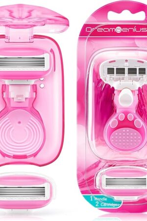 DreamGenius Travel Razors for Women, Travel Size Toiletries Include 1 Handle and 2 Cartridges, Extra Smooth 5-Blade Travel Essentials Razor with Case for Shaving, Pink