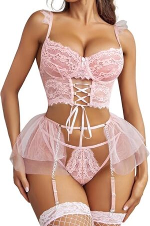 Women's Lace Lingerie Bra and Panty Set Strappy 3 Piece Babydoll Bodysuit (Pink, Medium)