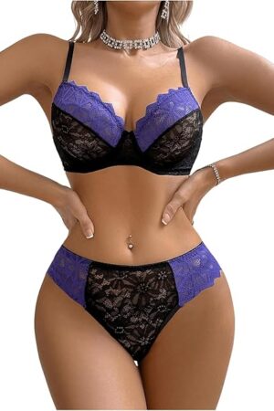 Women's Sexy Lace Mesh Lingerie Set Floral Underwire Push Up Bra and Panty 2 Piece Sets