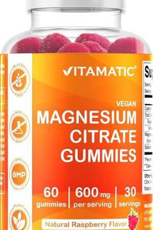 Vitamatic Magnesium Gummies 600mg per Serving ? 60 Vegan Count for Relaxation, Muscle, Bone, and Energy Support