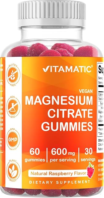 Vitamatic Magnesium Gummies 600mg per Serving ? 60 Vegan Count for Relaxation, Muscle, Bone, and Energy Support