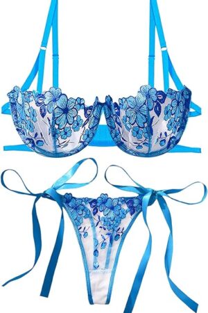 Women's Sexy Floral Lace Lingerie Set Sheer Embroidered Mesh Bra and Panty