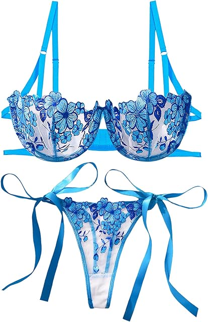 Women's Sexy Floral Lace Lingerie Set Sheer Embroidered Mesh Bra and Panty