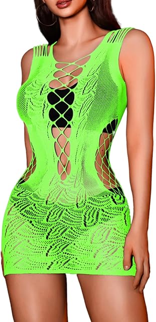 Fishnet Mini Dress for Women, Exotic Stripper Outfits Dancewear, Sexy Mesh Sheer Lace Fishnets Lingerie Plus Size