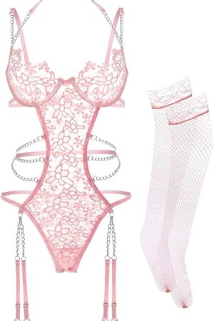 Women Lingerie Set Floral Lace Teddy Strap Chain Babydoll Bodysuit Bra and Panty Set with Garter Belts