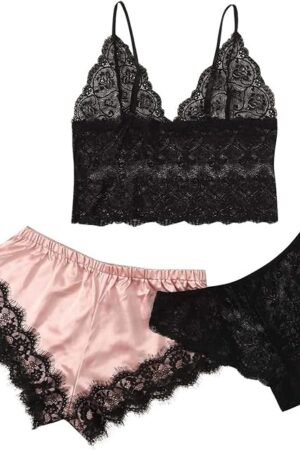Women's 3 Pcs Silk Satin Pajamas Set Floral Lace Cami Lingerie and Shorts Panties Sexy Babydoll Mesh Sheer Sleepwear