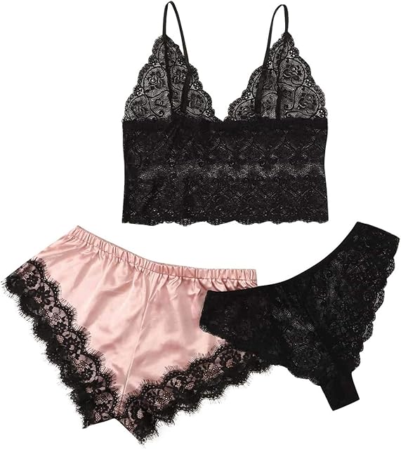 Women's 3 Pcs Silk Satin Pajamas Set Floral Lace Cami Lingerie and Shorts Panties Sexy Babydoll Mesh Sheer Sleepwear