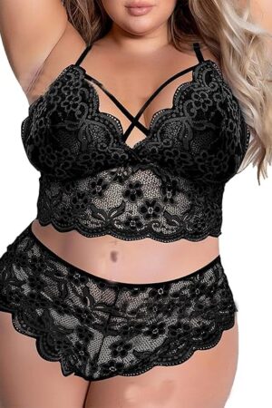 Women Plus Size Sheer Floral Pajamas Sexy Lingerie Set Sleeveless Camisole Bra and Panty Ruffle 2 Piece Nightwear