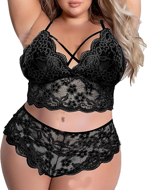 Women Plus Size Sheer Floral Pajamas Sexy Lingerie Set Sleeveless Camisole Bra and Panty Ruffle 2 Piece Nightwear