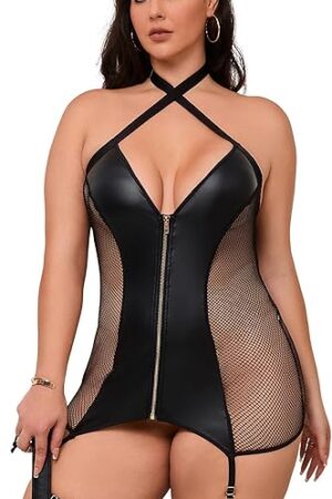 Womens Plus Size Lingerie Set Leather Lingerie with Garter Set Sexy Sheer Babydoll Faux Leather Bodycon Dress