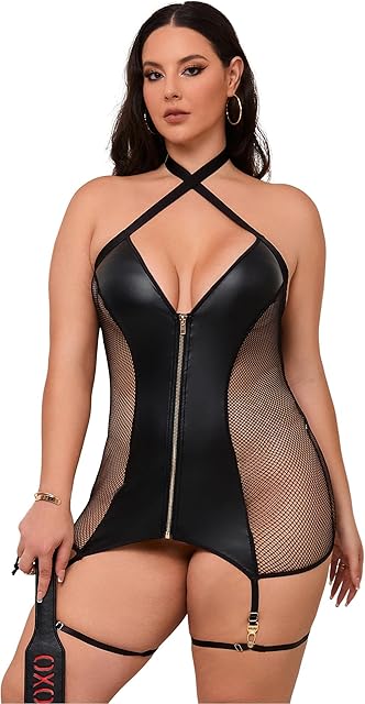Womens Plus Size Lingerie Set Leather Lingerie with Garter Set Sexy Sheer Babydoll Faux Leather Bodycon Dress