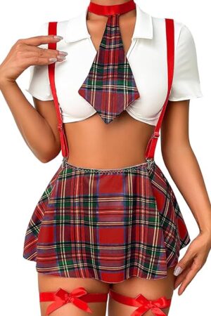 5 Piece Cosplay Costumes For Women,Halloween Lingerie Outfits,Tie Crop Top & Plaid Skirt Set