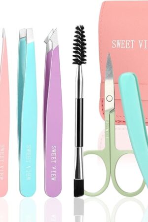 7pcs Eyebrow Tweezers Kit for Women Precision Plucker with Brow Scissors & Razor & Spoolie for Facial, Chin, Brow, Splinter and Ingrown Hair
