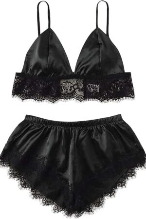 Women's Plus Size Sexy Lingerie Spaghetti Strap Lace Trim Bralette Shorts Sleepwear Set Pajama Shorts Bra And Panty