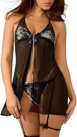 Women's Sexy Lace Lingerie Set Sheer Mesh Babydoll with thong and garter belt2 Lace bow leg loops4 piece