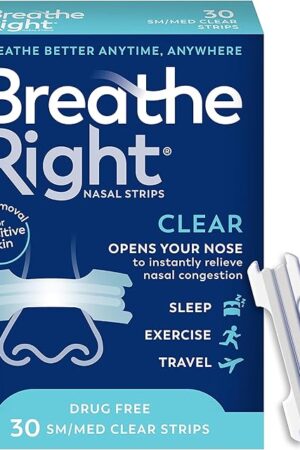 Breathe Right Original Nasal Strips Clear Sm/Med For Sensitive SkinDrug-Free Snoring Solution & Nasal Congestion Relief Caused by Colds & Allergies 30 ct (Packaging May Vary)