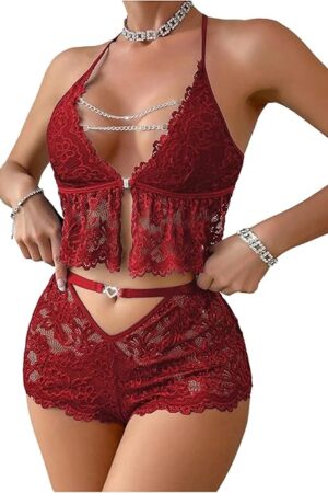 Women's Sheer Lace 2 Piece Lingerie Set Chain Cut Out Crop Halter Tops and Boyshorts Sets