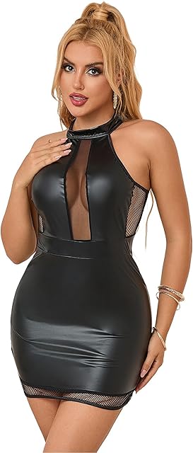 Faux Leather Lingerie for Women Naughty Birthday Dresses Wet Look Lingerie Leather Outfits Mini Dress