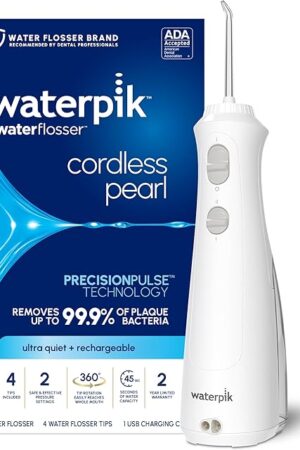 Waterpik Cordless Pearl Rechargeable Portable Water Flosser for Teeth, Gums, Braces Care and Travel with 4 Flossing Tips - ADA Accepted, WF-13 White, Packaging May Vary