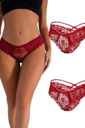 Women Lace Cheeky Underwear Plus Size Breathable Lace Panties Sexy V-Back Bikini Lace Panties with Bow