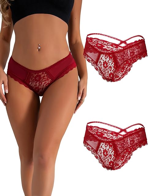 Women Lace Cheeky Underwear Plus Size Breathable Lace Panties Sexy V-Back Bikini Lace Panties with Bow