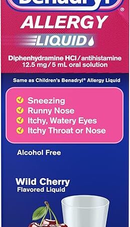Benadryl Allergy Relief Liquid Medicine, Allergy Liquid for Adults with Diphenhydramine HCl Antihistamine for Relief for Symptoms Due to Hay Fever, Alcohol-Free, Wild Cherry, 4 fl. oz