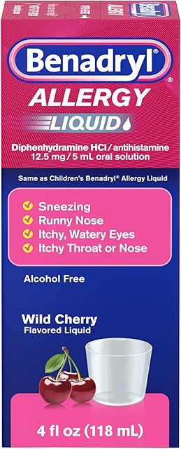 Benadryl Allergy Relief Liquid Medicine, Allergy Liquid for Adults with Diphenhydramine HCl Antihistamine for Relief for Symptoms Due to Hay Fever, Alcohol-Free, Wild Cherry, 4 fl. oz