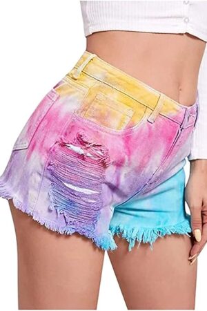 Jean Shorts for Women Sexy High Waisted Tie-dye Shorts Ripped Distressed Denim Hot Shorts Ladies Fashion Fringe Hem Shorts