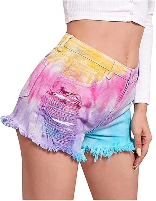 Jean Shorts for Women Sexy High Waisted Tie-dye Shorts Ripped Distressed Denim Hot Shorts Ladies Fashion Fringe Hem Shorts