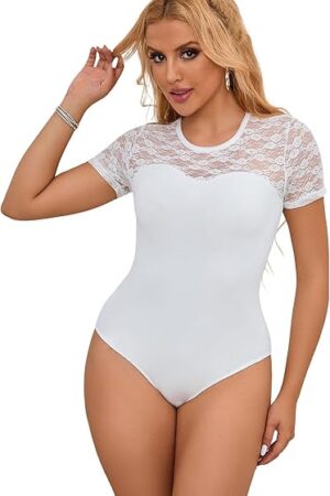 Lace Bodysuit Short Sleeve Leotards for Women Sexy Body Suit Tops Openable Crotch Plus Size S-2XL