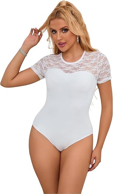 Lace Bodysuit Short Sleeve Leotards for Women Sexy Body Suit Tops Openable Crotch Plus Size S-2XL