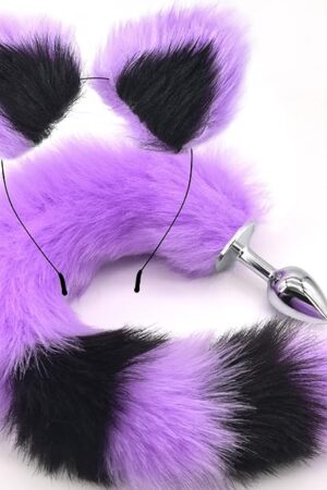 Anal Plug Fox Tail with Ear 15.74-Inch-Long Sexual Anus Tail Butt Plug Cosplay Game Purple & Black Sex Toy for Women Men