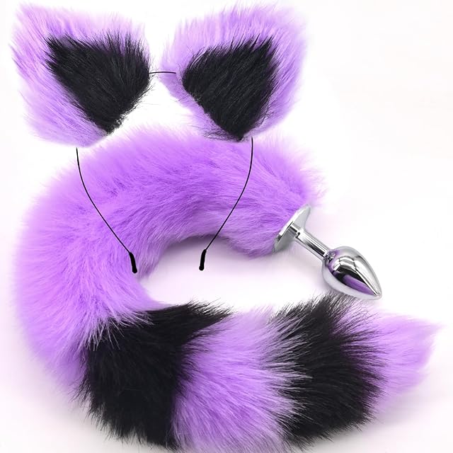 Anal Plug Fox Tail with Ear 15.74-Inch-Long Sexual Anus Tail Butt Plug Cosplay Game Purple & Black Sex Toy for Women Men