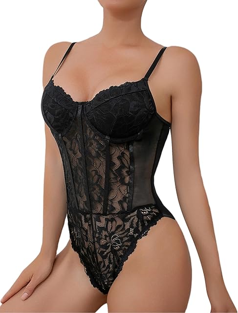 Corset Tops for Women Going Out Bodysuit Sexy Lace Mesh Sheer Floral Body Suit Date Night Club Rave Outfit with Straps