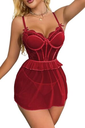 Women's Sexy 2 Piece Lingerie Sets Flower Sheer Lace Babydoll Dress G-String Panty Nightwear