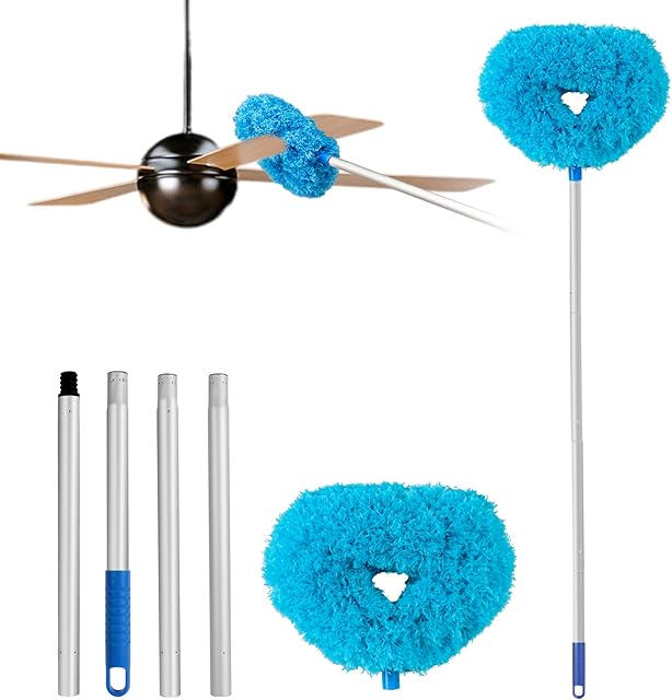 Ceiling Fan Cleaner Duster Reusable Microfiber Ceiling Fan Blade Cleaner Removable Duster with Extension Pole Adjusts 13 to 497 Inch for Cleaning Walls Bookshelves Furniture Door Window Top (Blue)