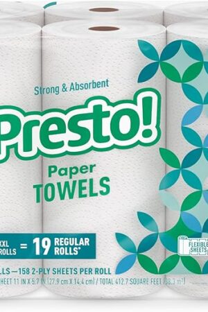 Amazon Brand - Presto! Flex-a-Size Paper Towels, 158 Sheet Huge roll, 6 Rolls, Equivalent to 19 Regular Rolls, White