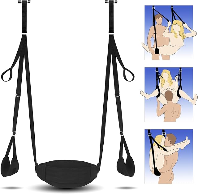 Indoor Sex Swing BDSM Bondage Restraints Kit Couple Adult Sex Toys with Thick Soft Nylon Adjustable Straps Handcuffs Thigh Plush Cushion Sex Sling for Lesbian Gay Couple Sex Games