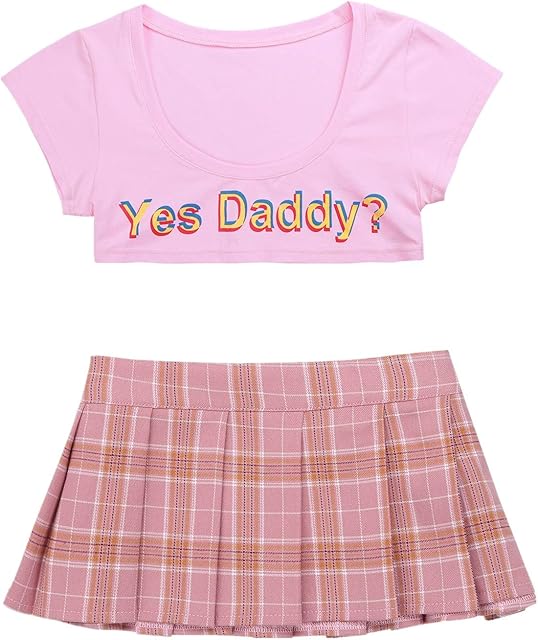 Women Sexy Schoolgirl's Outfit Costume Daddy Lingerie Set with Plaid Pleated Mini Skirt