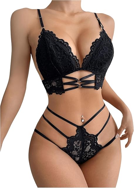Women's 2 Piece Cut Out Lace Lingerie Sexy Bra and Panty Set