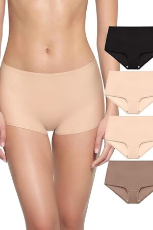 High Waisted Underwear for Women Full Coverage Boy Shorts Soft Boxer Briefs Breathable Panties 4 Pack Large