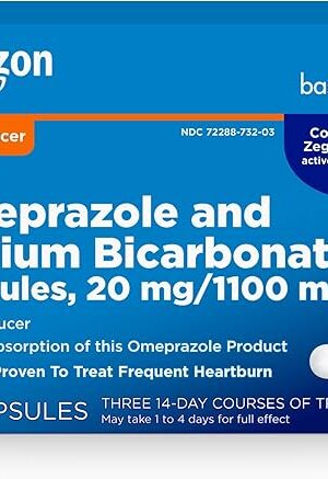 Amazon Basic Care Omeprazole and Sodium Bicarbonate Capsules, 20 mg/1100 mg, 24-Hour Frequent Heartburn Medicine, Acid Reducer Pills, 42 Count